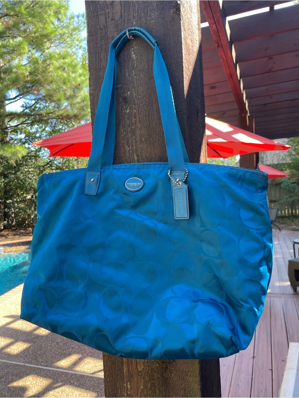 Coach Blue Teal Signature Nylon Tote